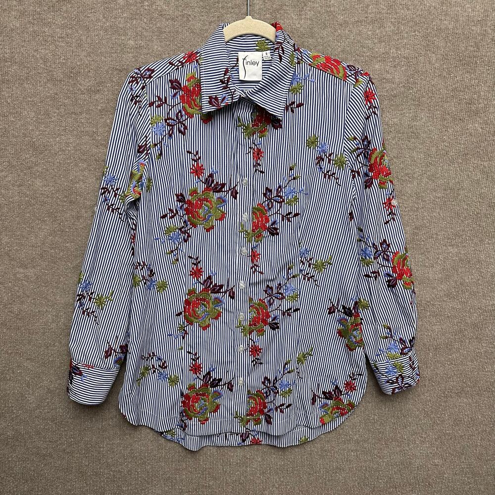 Finley Striped Floral Embroidered Button Down Shirt Size Small Blue White Multi